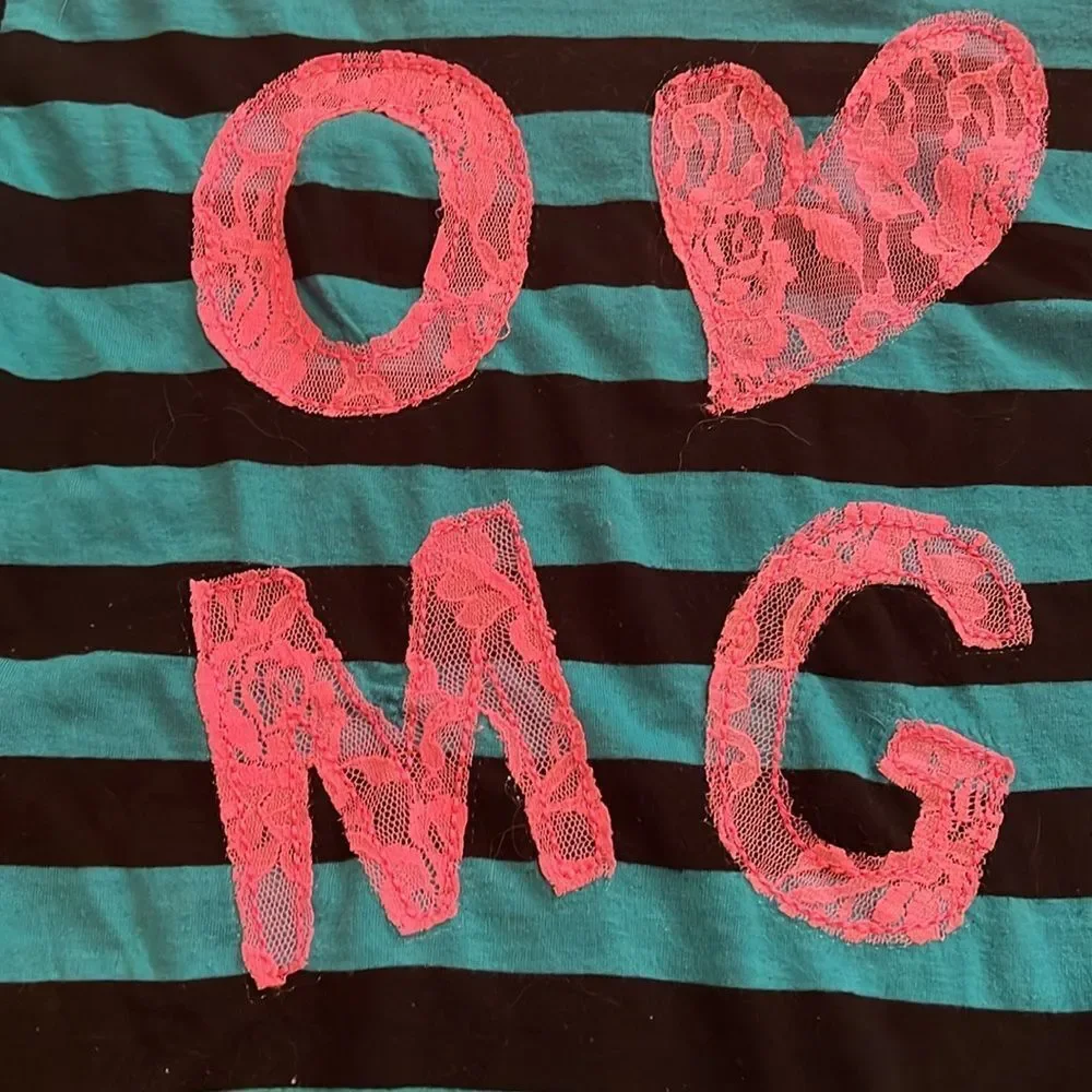 One Step Ahead Girls 10/12 OMG Lace Graphic Tee Teal Stripe 3/4 Sleeve Top